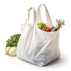 White Plastic Shopping Bag Filled with Fresh Green Vegetables and Tomatoes Still Life