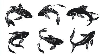 Obraz premium Six Koi fish silhouettes, swimming, white background, design element