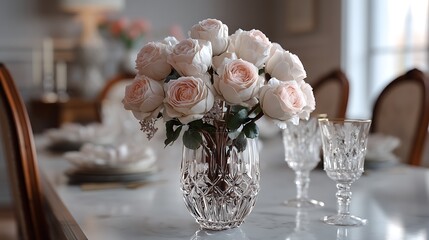 A refined Mothera??s Day card with elegant roses and delicate touches, placed on an antique-style dining table surrounded by fine crystal, captured in