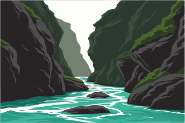 Turquoise River in Canyon Stylized Graphic Illustration of Narrow Gorge with Steep Walls Nature Art