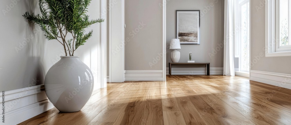 Poster modern and spacious room with a large window on the right side. the floor is made of light-colored w