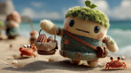Toy Character Collecting Shells On Beach