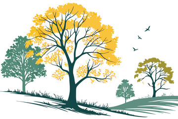 Obraz premium 38 Watercolor trees, vibrant yellow and green foliage, autumn colors, elegant cypress, maple tree, poplar tree, stylized vector illustration, botanical art, minimalist design, white background, isolat