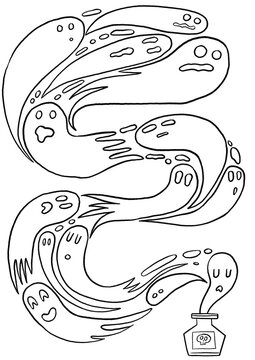 A Group of Illustrated Ghosts and Spirits Coming Out of a Jar in Black and White