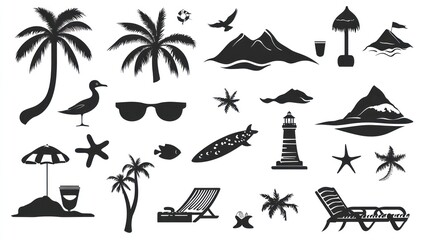 Tropical beach vacation icons  sun, sea, sand, relaxation