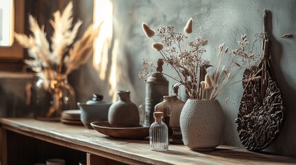 Fototapeta premium Decorative ceramic vases and dried plants on rustic table