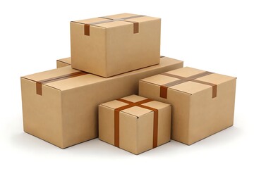 Stacked Brown Cardboard Boxes Sealed with Tape on White Background, Delivery Concept