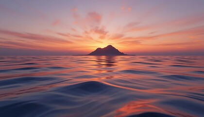 3D Ocean Sunset Summer Background	3D seascape at sunset with a vibrant orange and purple sky, realistic reflections on calm water, gentle waves, and a distant island silhouette for atmospheric summer 