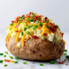 Loaded baked potato close up shot on white background