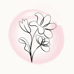 Elegant Minimalist Line Art Flowers on Pink Watercolor Background