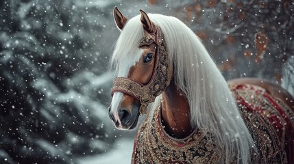 Obraz premium Majestic horse in winter forest, snowy background