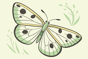 39 Delicate yellow butterfly, vibrant wings, minimalist design, white background, simple illustration, botanical art, green accents, black spots, light pastel colors, clean lines, nature-inspired, sci