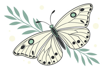 39 Delicate yellow butterfly, vibrant wings, minimalist design, white background, simple illustration, botanical art, green accents, black spots, light pastel colors, clean lines, nature-inspired, sci
