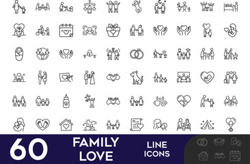 Collection of Modern Thin Line Style Icons Set  Family Love Relationships Related Traditional Relation, LGBT Couple, Family Members, Symbols Of Love And More Vector Illustration