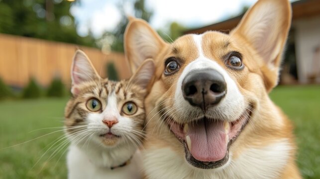 Adorable dog and cat friends outdoors. Close-up view of a happy corgi dog and a curious tabby cat, both looking directly at the camera. They are relaxing in a grassy backyard setting