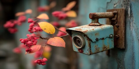 Rusty security camera, autumn leaves