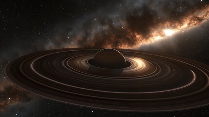 Obraz premium Planet with Rings Illuminated by Distant Sun, A stunning view of a planet with rings in space, illuminated by a distant sun