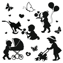 Black Silhouettes of Babies with Toys and Butterflies