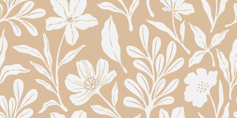 Leaves branch and Hand Drawn doodle Scribble floral plants banner, seamless pattern. Creative minimalist Abstract art background. Design wall decoration, postcard, poster and brochure