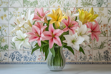 Vibrant bouquet of lilies in a glass vase.