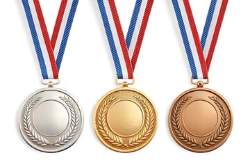 Set of Realistic Gold, Silver, Bronze Medals With Striped Ribbon on White Background