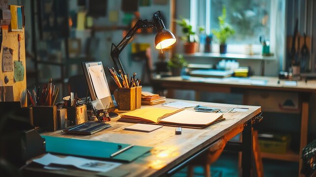 Cozy creative workspace with warm lighting and personal items