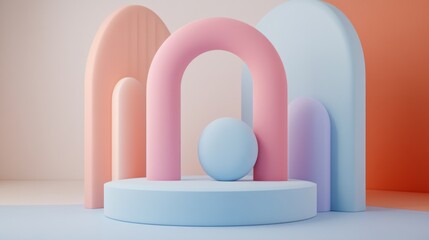 Pastel-Colored Abstract 3D Render: A Serene Composition of Geometric Shapes