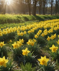 Obraz premium Brilliant yellow daffodils carpet a verdant field bathed in sunlight , yellow, springtime