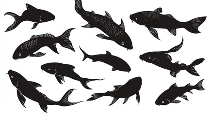 Obraz premium Koi fish silhouettes, aquatic design, white background, illustration