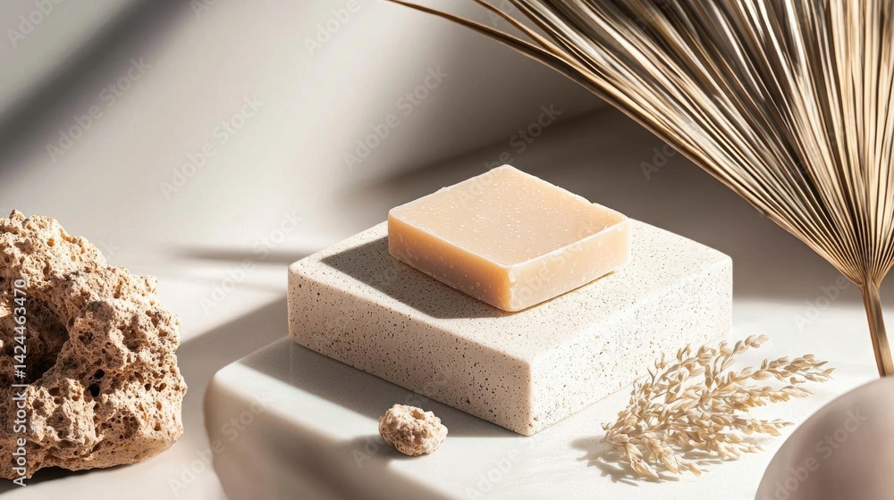 Poster square-shaped soap bar on a white surface. the soap bar is made of a light-colored soap with a speck