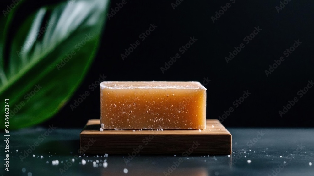 Poster rectangular bar of soap on a wooden stand. the soap is a light orange color and appears to be freshl