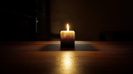 Single Candle Burning On A Wooden Table