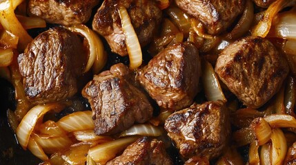 Medium well sirloin steak surrounded by caramelized onions.