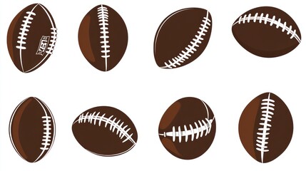 Eight brown footballs, various angles, white background, sports graphics