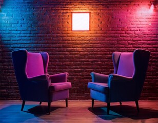 armchairs face neon square in brick room moody