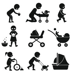 Childcare Activities Icons Set Black Silhouette
