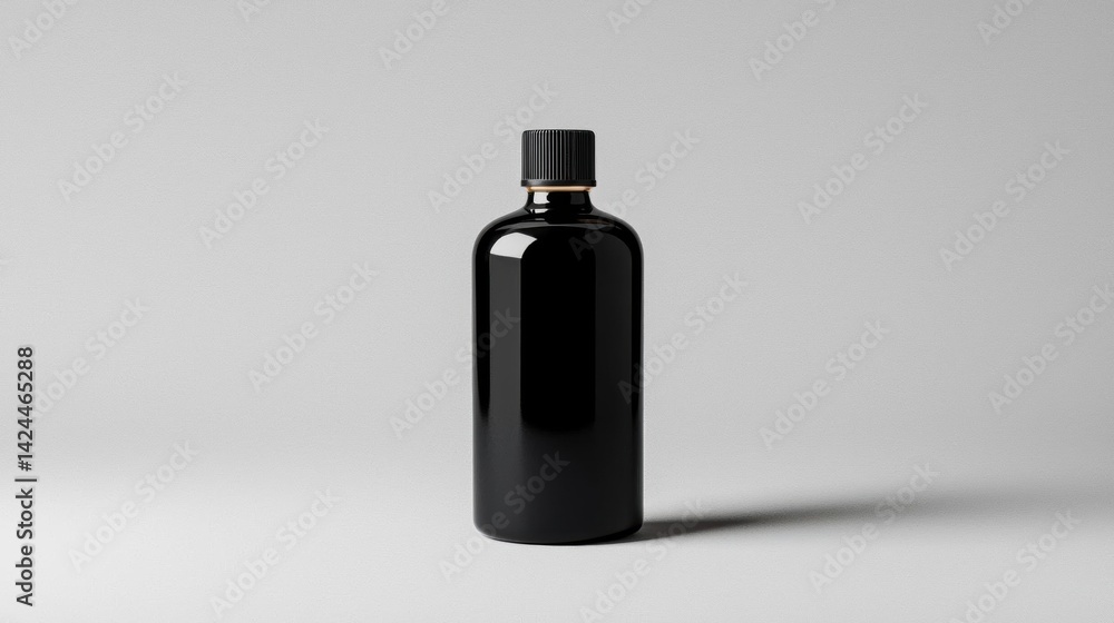 Poster 3d rendering of a black glass bottle with a black cap. the bottle is standing upright on a plain whi