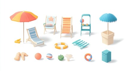 Beach toys and furniture isometric illustration