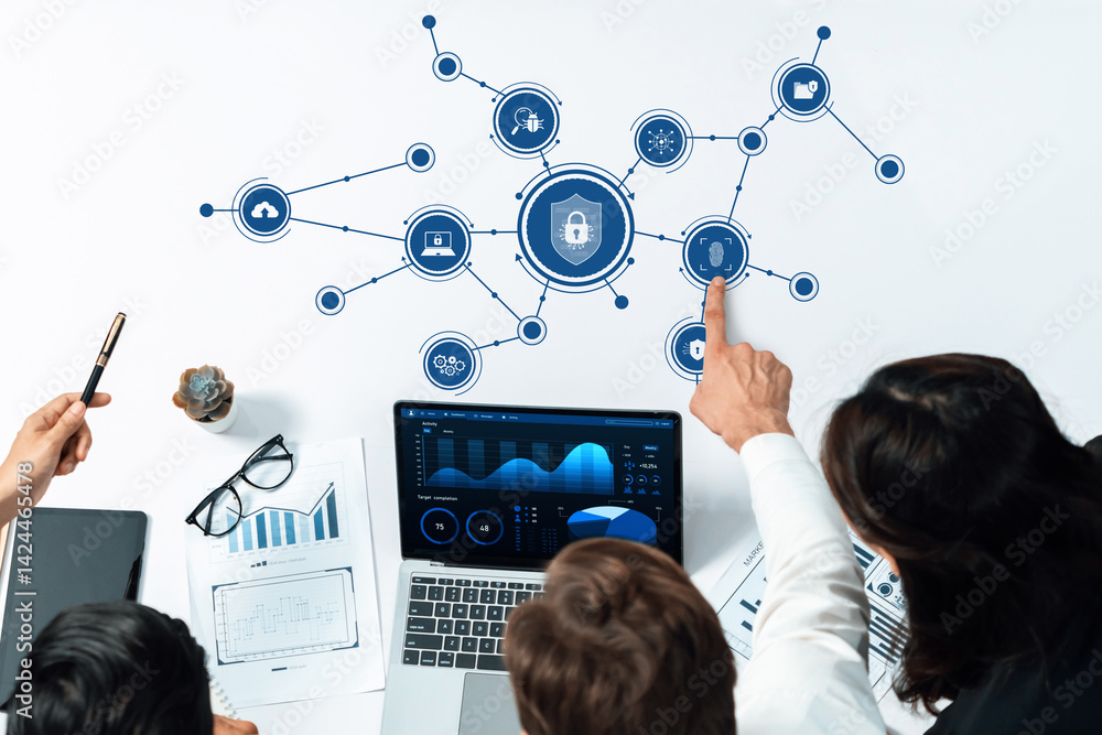 Aufkleber professionals collaborate in a modern office, analyzing data and discussing cybersecurity solutions,