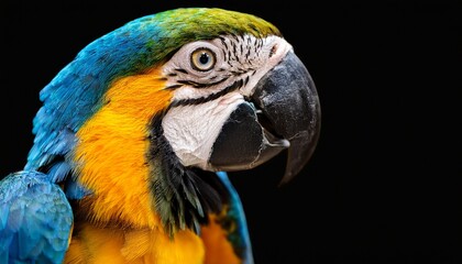 Obraz premium close up of colorful macaw bird face macro parrot bird head on isolated black background with copy space on right yellow and blue macaw parrot exotic colorful beautiful african macaw parrot
