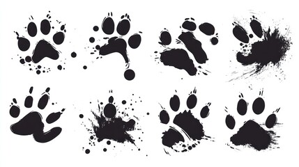 Animal paw prints, ink splatters, white background, design elements