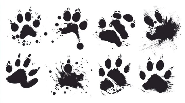 Animal paw prints, ink splatters, white background, design elements