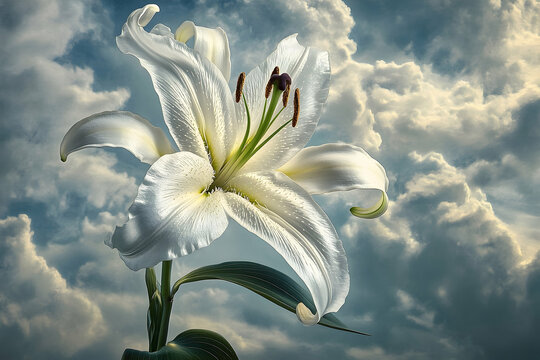 Majestic white lily against a dramatic sky.