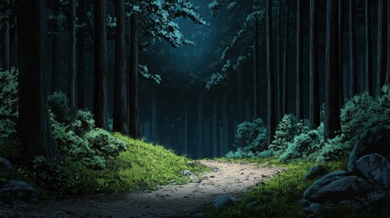 Digital illustration of a dark forest at night. the trees are tall and slender, with their trunks reaching up towards the sky.