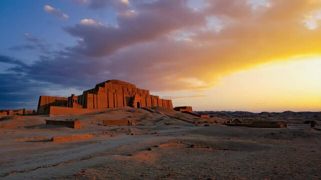 Ancient ziggurat temple complex standing on desert sand dunes under a colorful evening sky with clouds, antiquity building structure