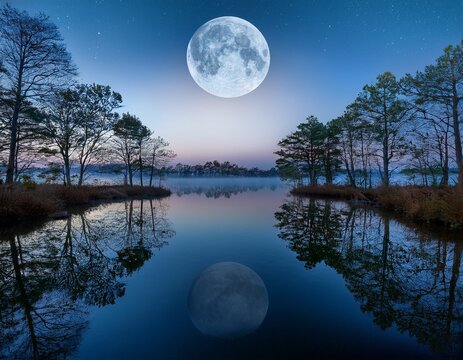 the moon appears doubled as its reflection stretches over calm water bordered by motionless trees that cradle the dreamlike scene - Powered by Adobe