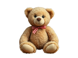 Adorable plush teddy bear with red striped bow tie sitting against a white background: a symbol of comfort and childhood memories