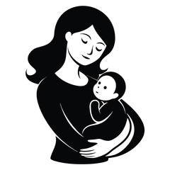 Mother Holding Baby Simple Black and White Illustration