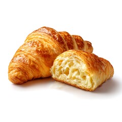 Close-up of a whole and cut croissant, showcasing its flaky layers and golden-brown crust. Isolated on a white background