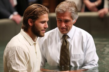 Man being baptized in a baptismal font by a pastor